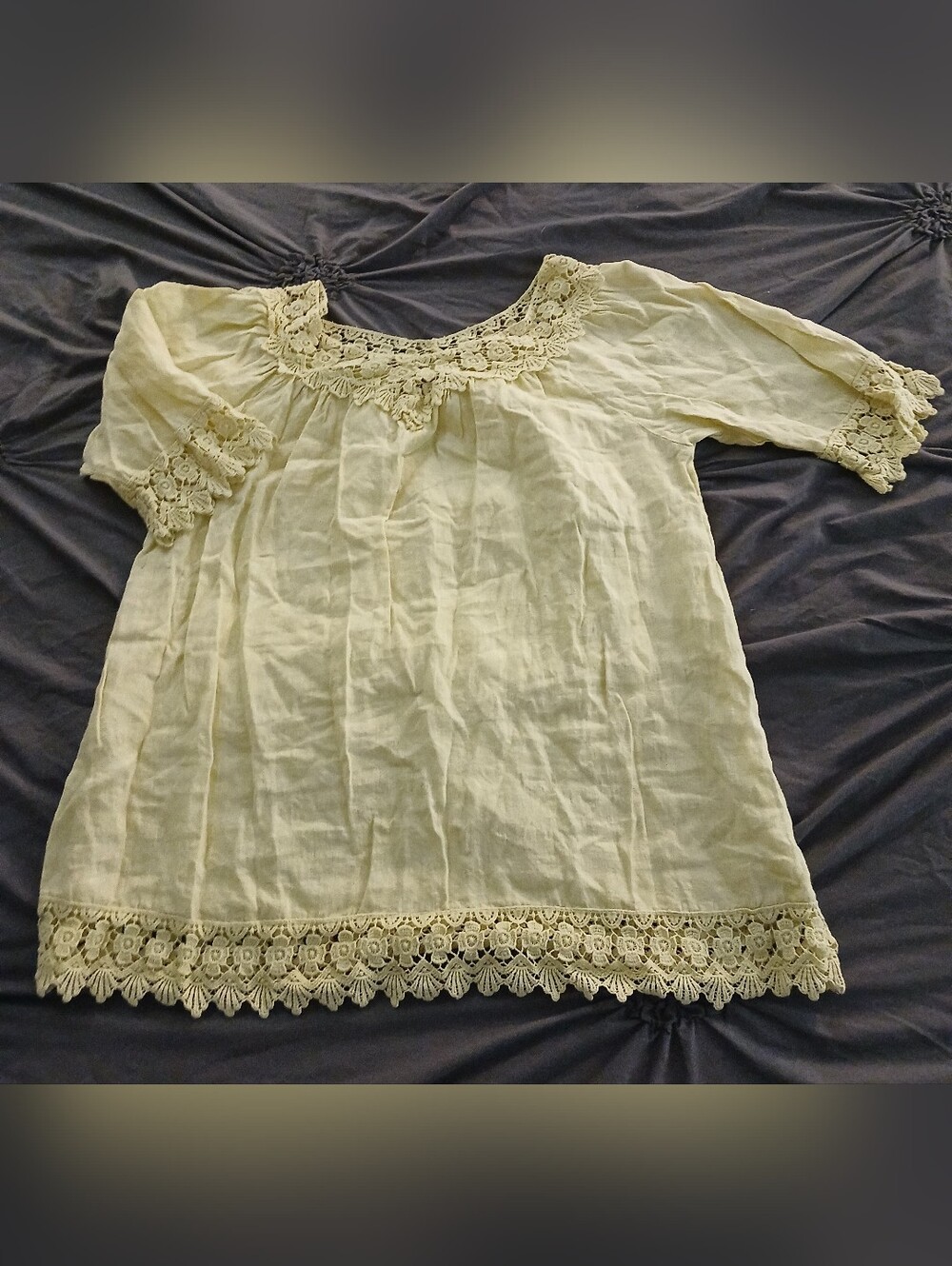 Women's Pale Yellow 100% Linen Crochet-Trim Peasant Blouse RUNS BIG!!